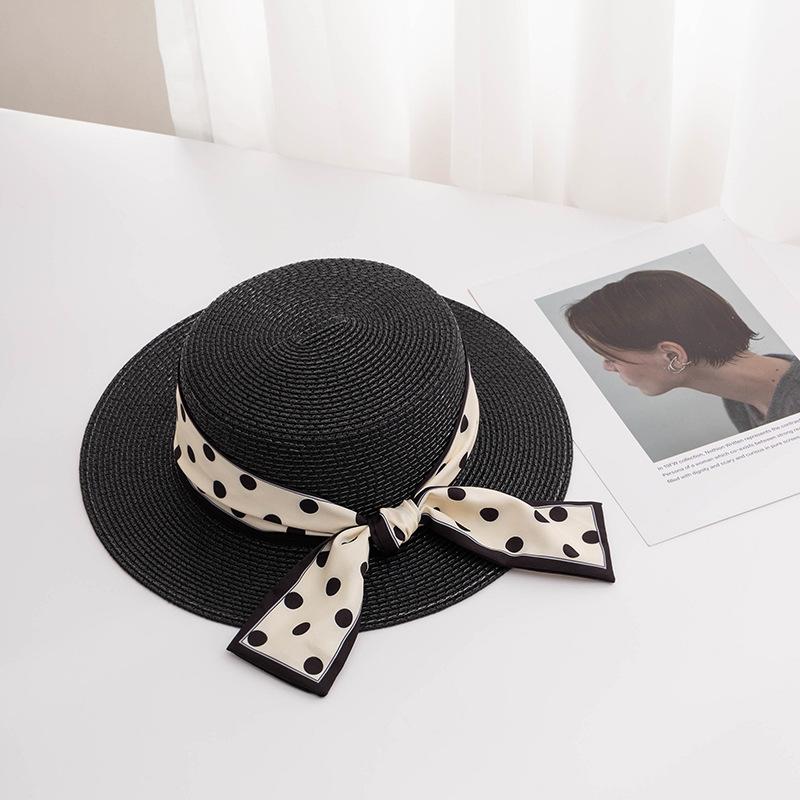Модная соломенная шляпа в горошек для женщин, солнцезащитная праздничная пляжная шляпа, белая французская шляпа с плоским верхом, женская шляпа-бантик