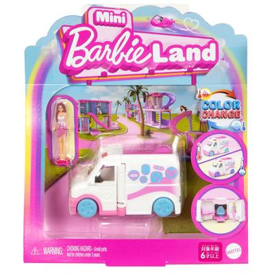 barbie Мини кукольный домик-машина скорой помощи Barbie Land с 1 микро-фигуркой, идеально подходит для ролевых игр, возраст 6+, и кукла для переодевания JCR34, Игра, Вверх, Розовый,