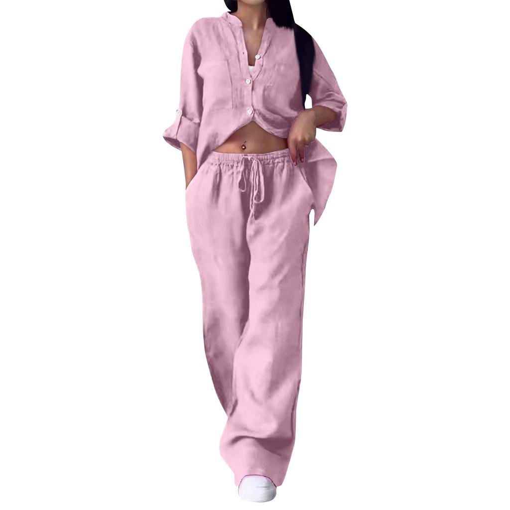 Women's 2-piece Casual Cotton And Linen Solid Color Shirt And Drawstring Wide Leg Pants Set