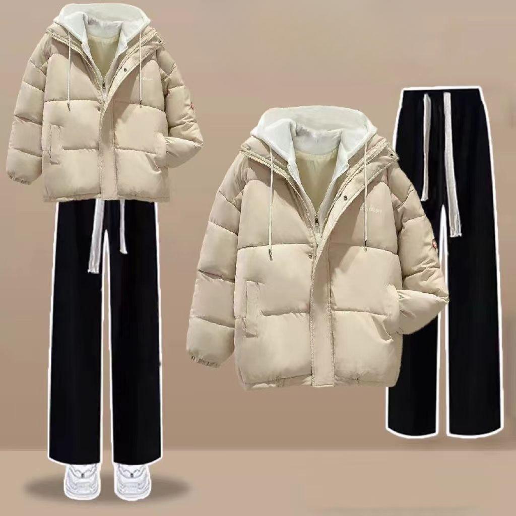 Winter Women's Cotton-padded Hooded Jacket + Thickened Wide-leg Pants Fashion Two-piece Suit