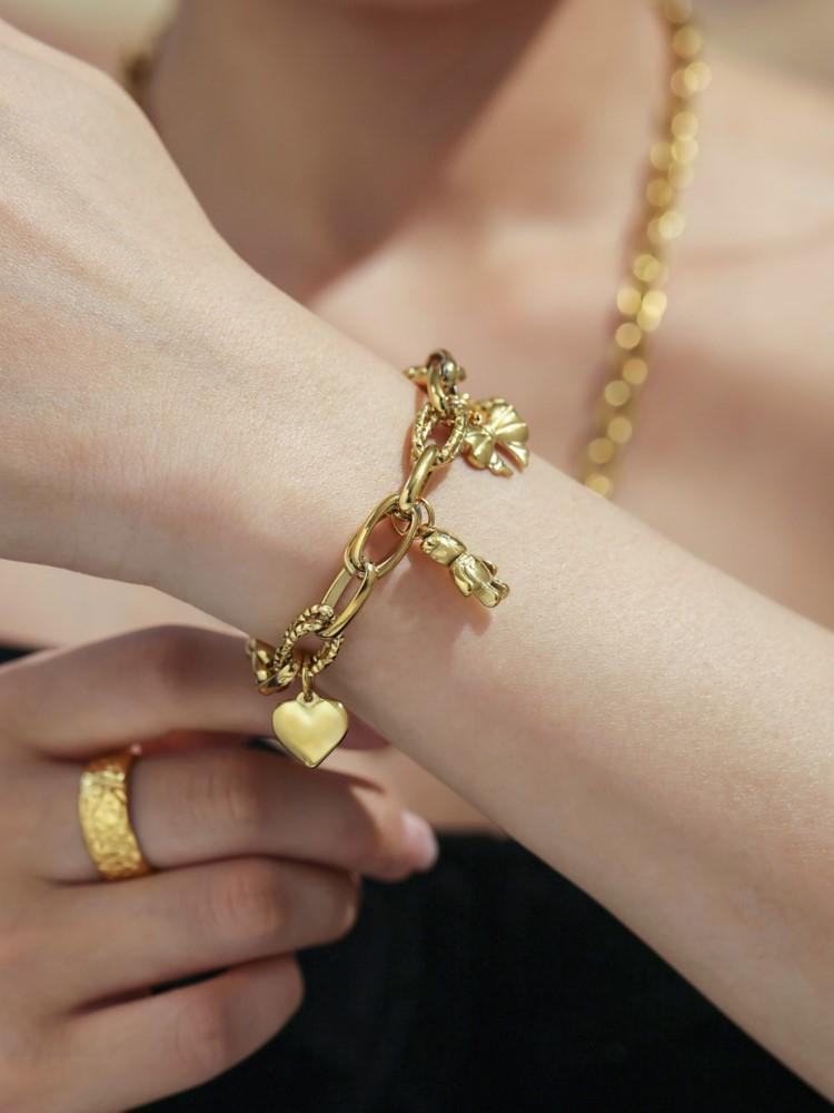 Браслет-цепочка из нержавеющей стали для женщин, с покрытием из 18-каратного золота, водонепроницаемый, не тускнеющий, с женскими шармами в виде сердца, медведя, цветка и банта