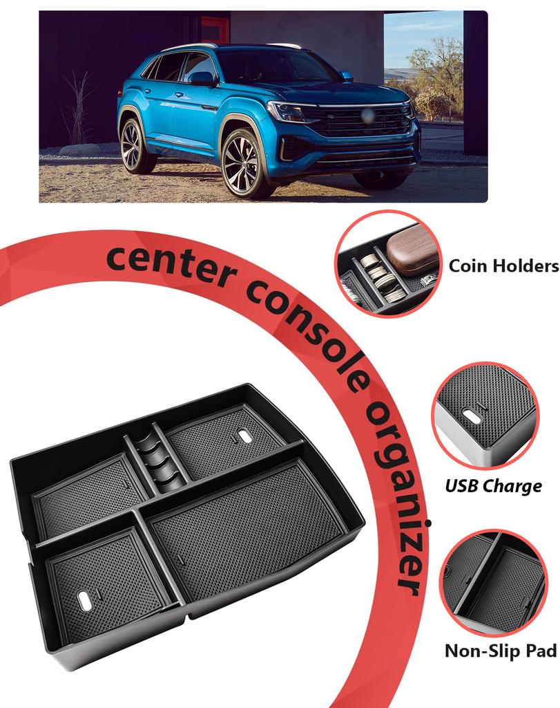 Center Console Organizer For Volkswagen Atlas/Cross Sport 2025 Armrest Box Storage Center Console Tray ABS Accessories Car Box