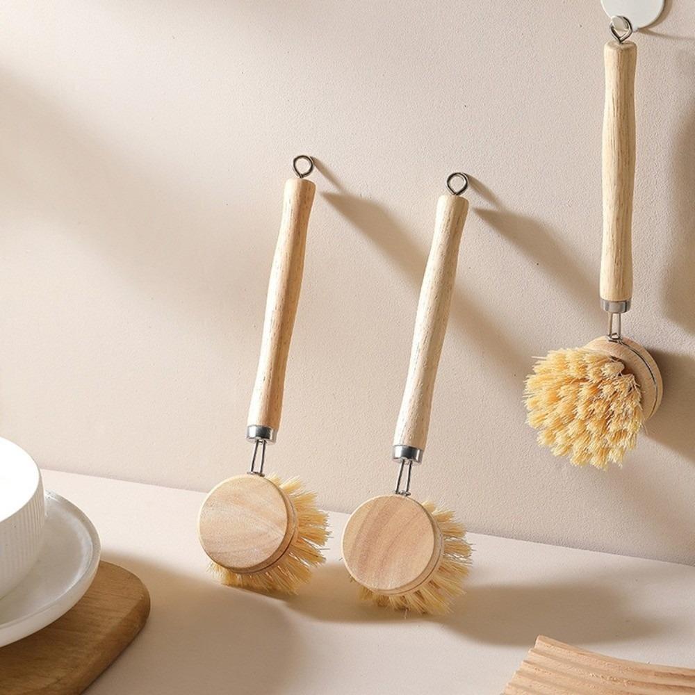 Solid Wood Dish Pot Brush Replaceable Frying Pan Brush Kitchen Cleaning Brush Home Cleaning