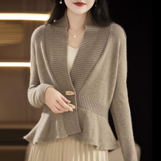 Women Sweater Coat V-Neck Long Sleeve Ruffle Hem Knitting Sweater Solid Color Slim Fit Waist Tight