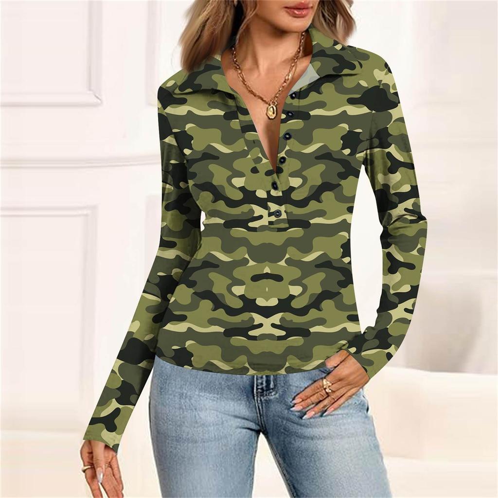 Женская мода Повседневный принт V-образный вырез Длинный рукав Застегивающаяся на пуговицы блузка
