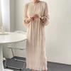 Summer Lantern Sleeve Round Neck Chiffon Dress Women Temperament Pleated Solid Women Casual Dresses Elegant Korean Slim Fit Vintage Long Dress 26439