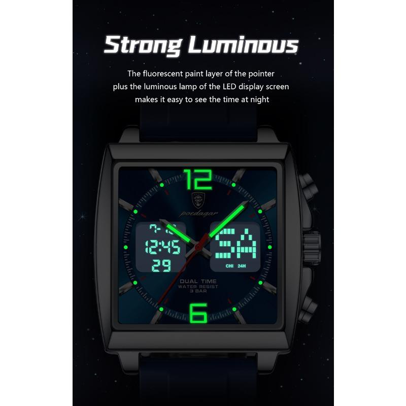 POEDAGAR Luxury Top Man Watch Electronic Square LED Alarm Chronograph Watches Week Date Dual Time Display Quartz Clock