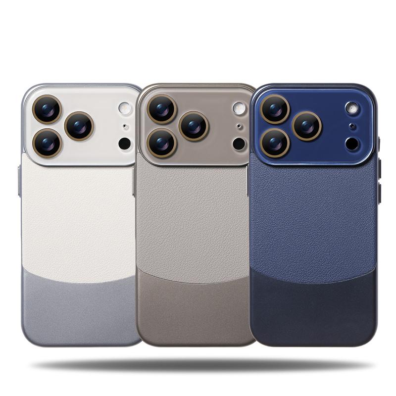 INS Electroplating Splicing PC+PU Leather Shockproof Case For iPhone 17Pro 16Pro 17 17Pro Max Camera Lens Protector Hard Cover