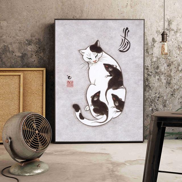 Solid Wood Frame Japanese Floating Samurai Cat Canvas Painting Retro Style Posters and Prints Wall Art Pictures for Living Room Wall Decor