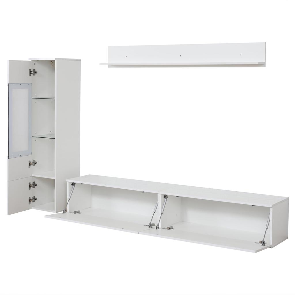 Wohnwand 3-Teilig Set, Möbel Set, Hängend, 1x TV Lowboard, 1 x 1x Wandboard, Komplett, Elegante Mediawand LED-Licht, Viel Stauraum, Weiß
