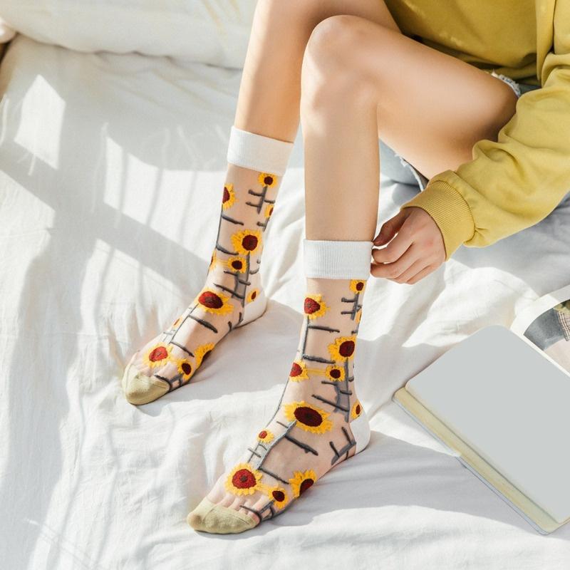 1 пара ультратонких прозрачных шелковых носков с хрустальным стеклом, женские креативные носки в стиле Харадзюку с цветочным рисунком котенка, мягкие эластичные кружевные прозрачные носки для девочек