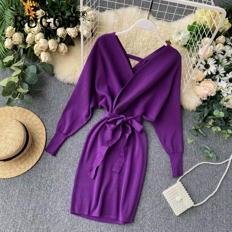 Stylish New Autumn Winter Bag Hip Sweater Dress Female Chic V-neck Bandage Dresses Sexy Women