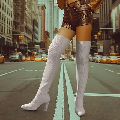 2024 Осень Горячая Распродажа Женские Вязаные Сапоги-Носки Осень Зима Сексуальные Сапоги Выше Колена Острый Носок Толстый Высокий Каблук Длинные Боты