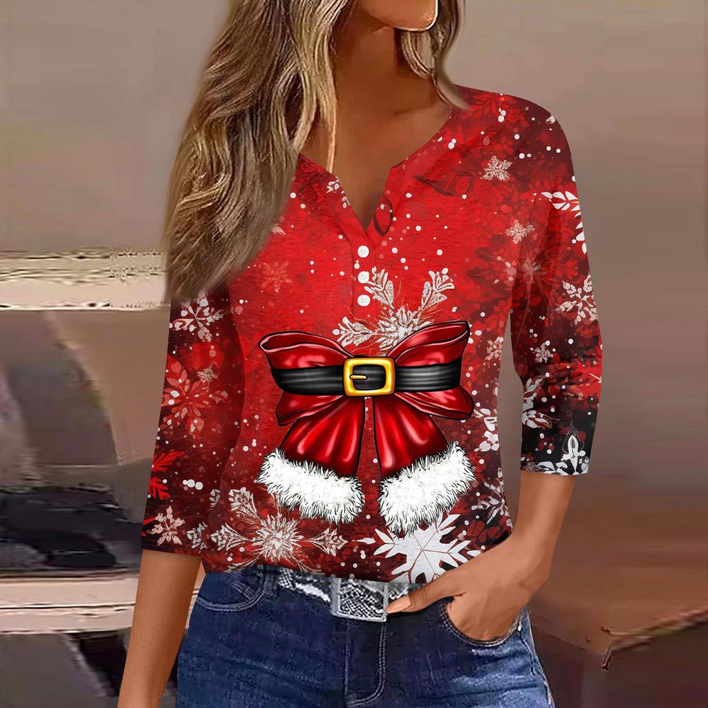 Женская рубашка с рукавом семь дюймов, напечатанная в стиле ретро, повседневная, свободная, с V-образным вырезом, рождественская