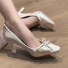 Bow High Heels Women's Spring and Summer 2025 New Pointed Temperament Party Light Mouth Beige Stiletto Single Shoes