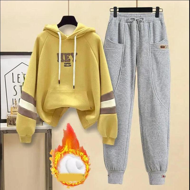 Осенне-зимний женский теплый флисовый комплект из толстовок с капюшоном в стиле пэчворк, повседневная рабочая одежда, брюки, комплект из двух предметов, женский спортивный костюм для бега