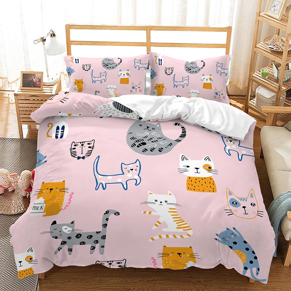 Cute Cartoon Cat Bedding Set Soft Microfiber Bed Linen With Pillowcases Queen King Single Size Animals 135X200Cm Duvet Cover Set