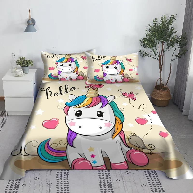 Multi Colored Unicorn Bed Sheet 3D Printed Cartoon Polyester Bed Sheet with Pillowcase, Children's Bedding Gift Set In Full Size