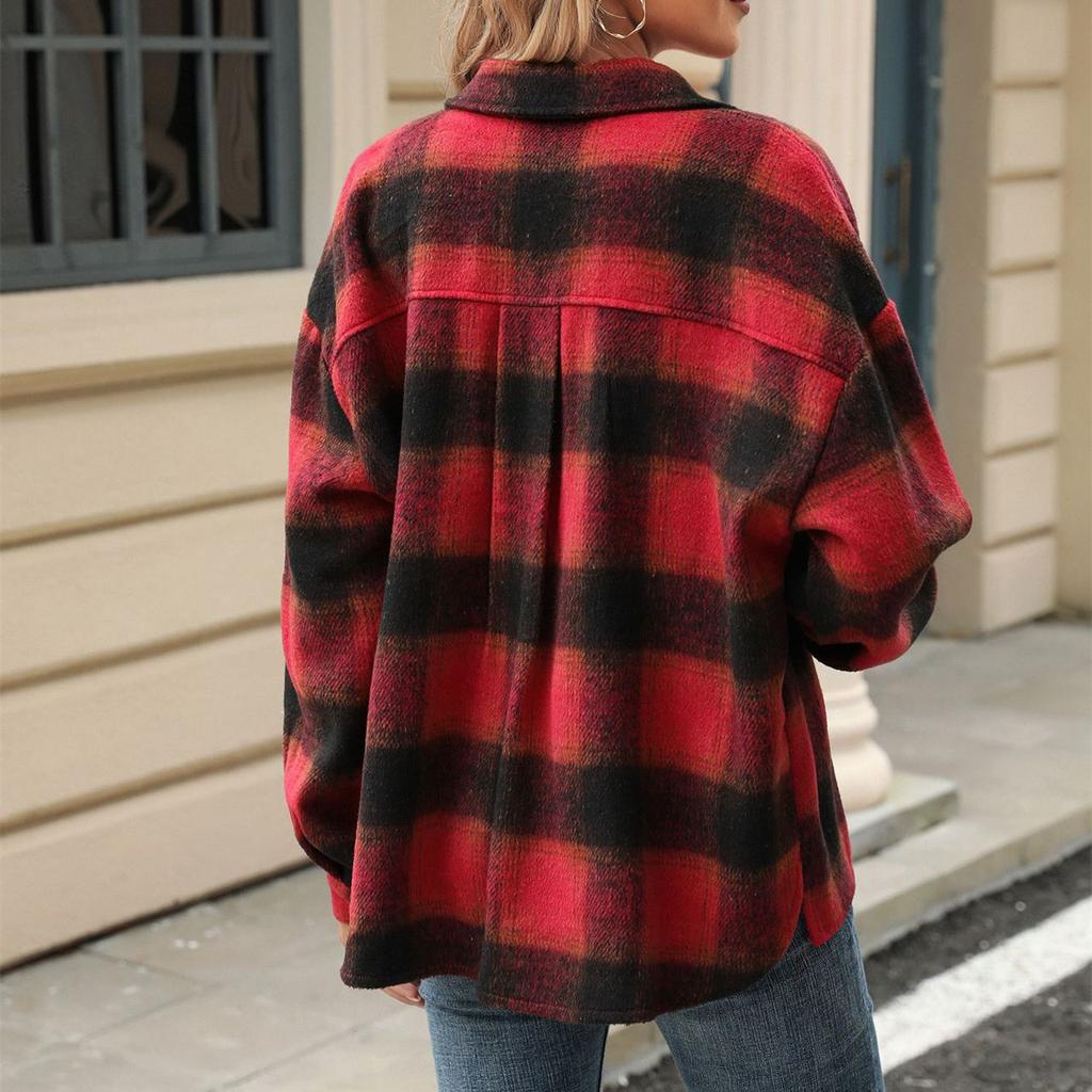 HNXC Женские модные повседневные осенне-зимние кардиганы с длинными рукавами в клетку и воротником-поло с принтом в клетку