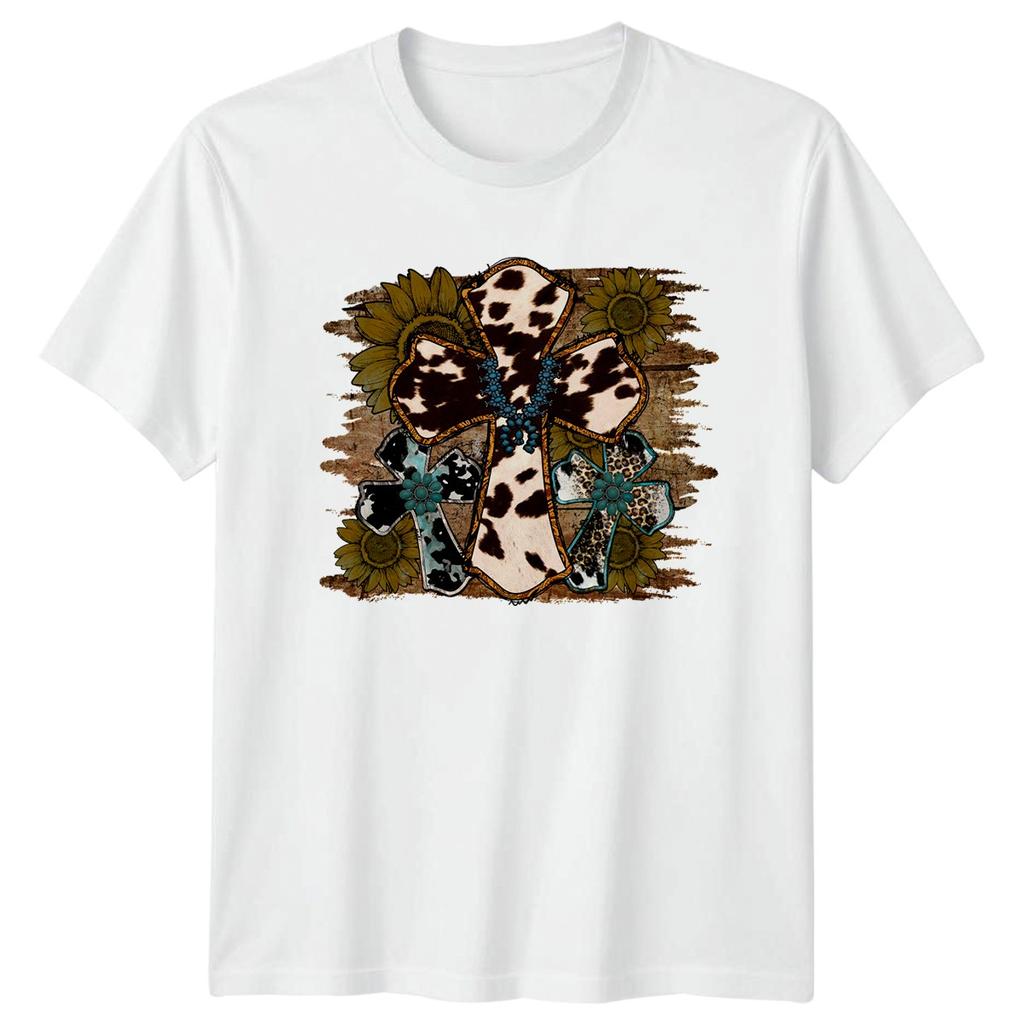 Western Cowhide Sunflower Cross Womens T-Shirt Country Faith Western Birthday