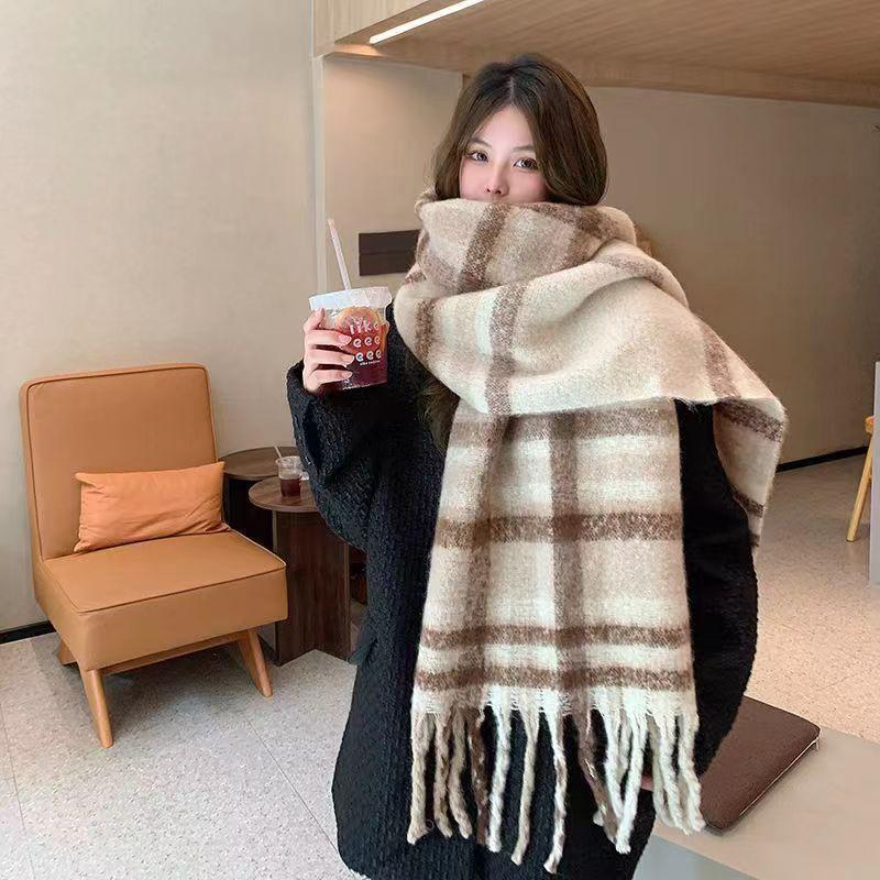 Winter New Scarf Women's Winter Thickened Warm Scarf Colored Plaid Fringed Scarf Shawl Fashionable Outer Cover