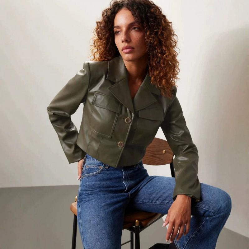 Olive Green Faux Leather Short Biker Jacket Women Turn-Down Collar Double Button High-Waisted Streetwear Style