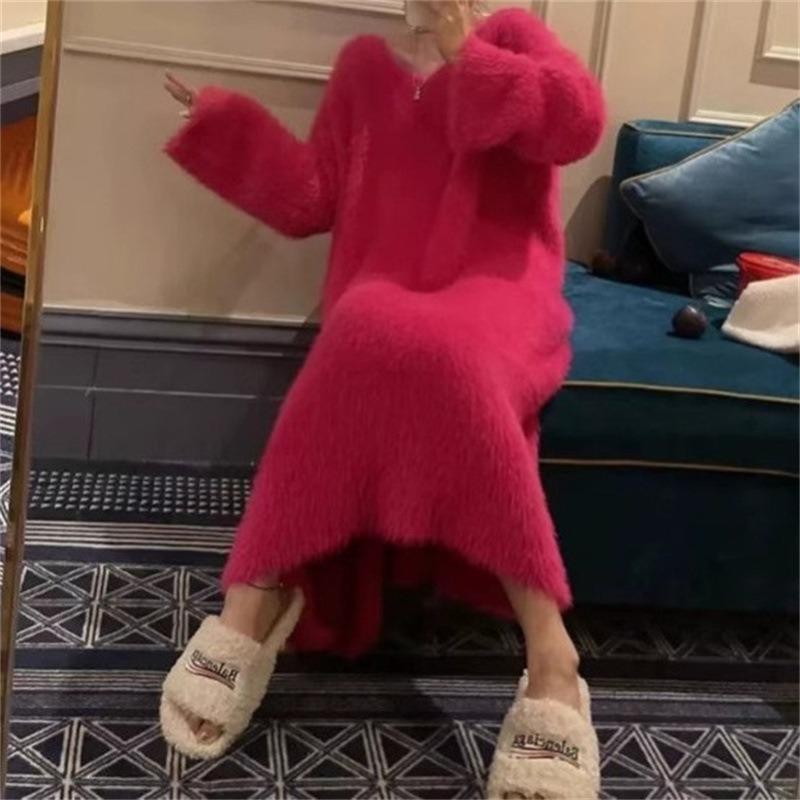 Gentle Wind White Imitation Mink Velvet Medium and Long Pullover Sweater V-neck Loose Lazy Knitted Dress Women's Autumn and Winter