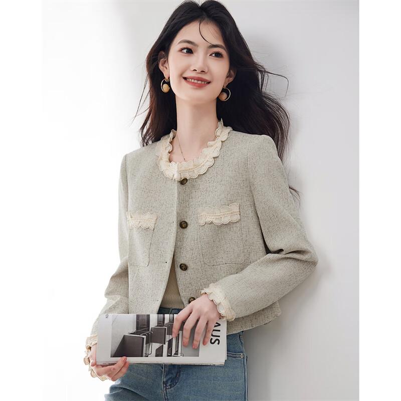 Женский шикарный твидовый жакет с кружевной отделкой в стиле пэчворк