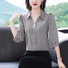 Turn-down Collar Three Quarter Sleeve Button Striped Pullovers Casual Formal Women's Clothing Spring Summer Thin Straight