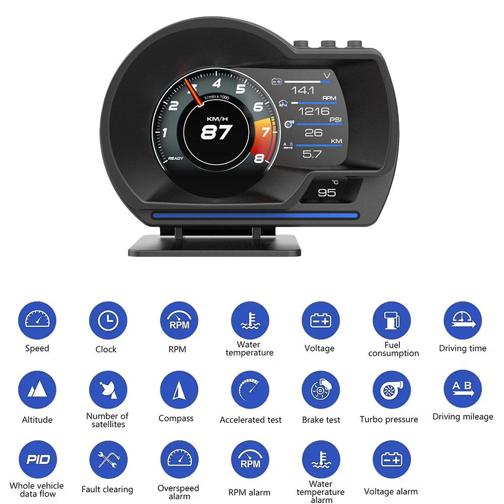Новейший A501 OBD2 автомобильный проекционный дисплей HUD Smart Car Water&Oil Temp Turbo RPM Gauge Цифровой одометр Охранная сигнализация Автоматический счетчик