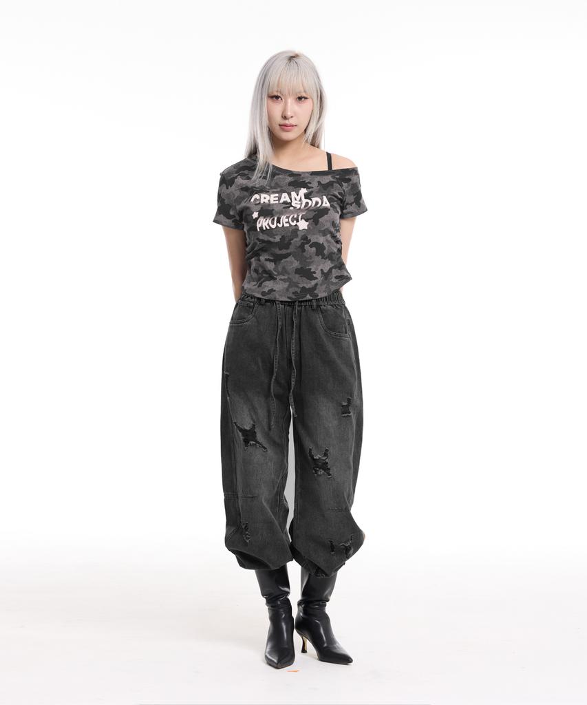 CREAM SODA LAB Camo Side Shirring One-Shoulder Crop Short Sleeve T-Shirt Gray