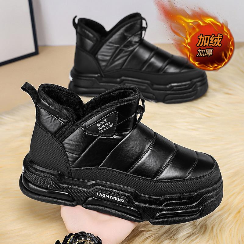 Однопедальные хлопковые туфли среднего размера, с набивным рисунком и утолщенной подошвой, теплые мужские ботинки, зимние, новые, водонепроницаемые, черные, снегоступы