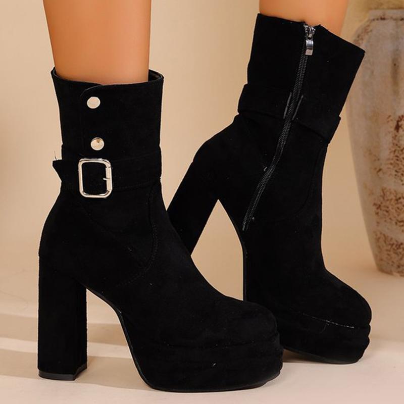 Sexy Super High Heel Platform Boots Women Black Apricot Faux Suede Ankle Boots Woman Buckle Detor Zipper Up Booties Ladies