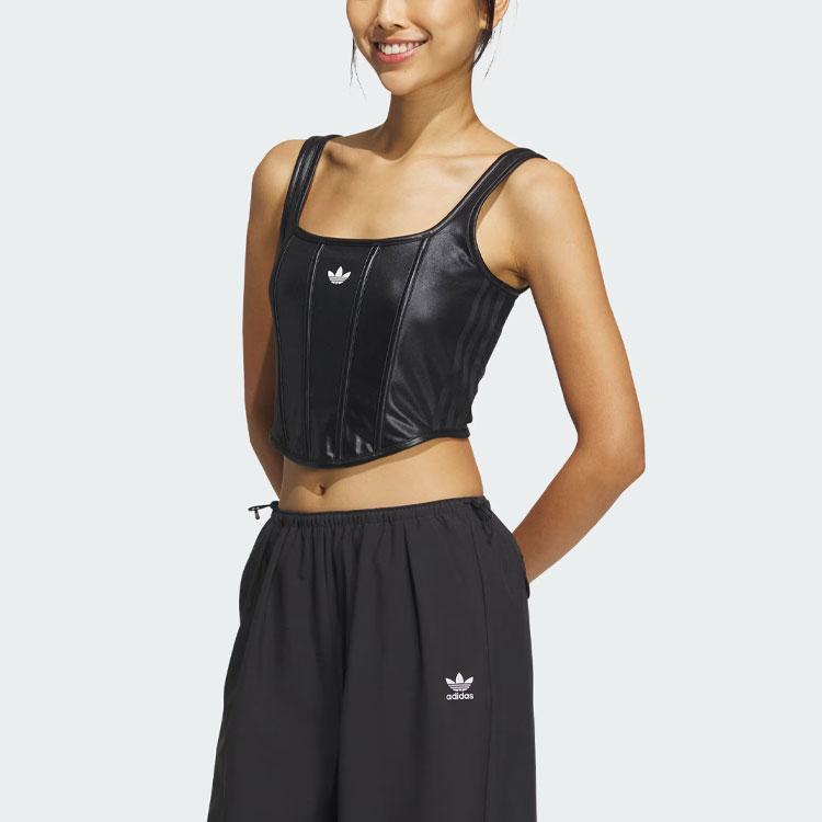 Adidas Originals Trefoil Corset Tank Top With Solid Color Logo Women Tops Black IX1912