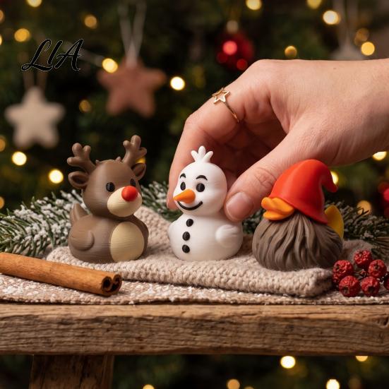 Winter Atmosphere Table Accents 3Pcs Christmas Duck Figurines, 3D Printed Squad, Gnome, Reindeer Miniature Animal Desk Decor & Snowman