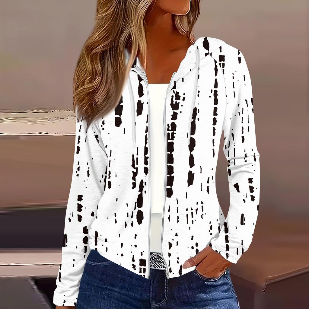 Women's Fashion Casual Zip Up Hooded Print Long Sleeve Sweatshirts Coat