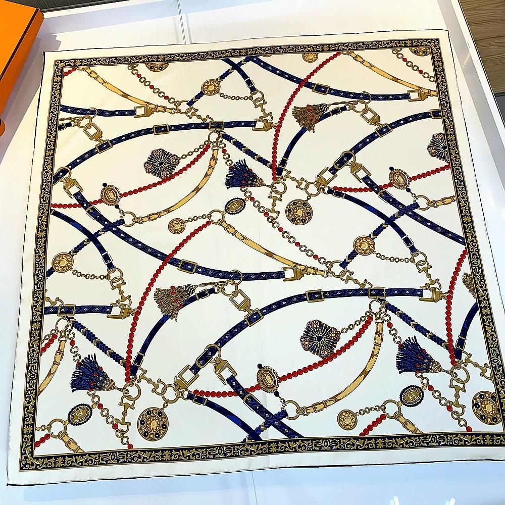 90cm Manual Hand Rolled Twill Silk Scarf Women Chain Design Printed Square Scarves Curled Foulard Femme Bandana Hijabs