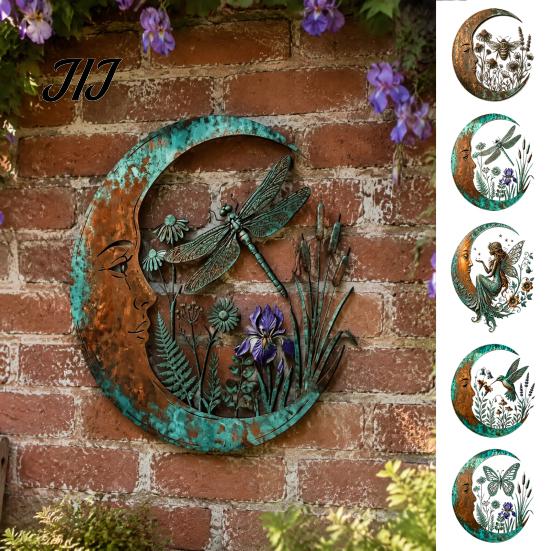 Indoor Outdoor Yard Ornaments Vintage Crescent Moon Wall Art, Fairy Witch Bee Dragonfly Iron Hanging Unique Housewarming Gifts for Her Decor,