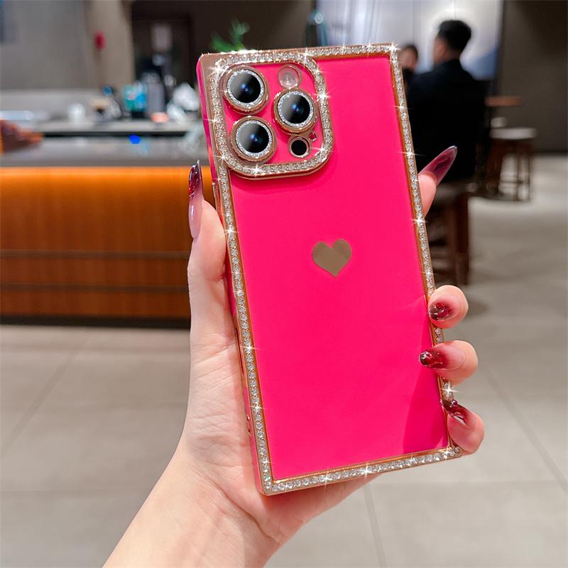 Роскошный чехол для телефона с бриллиантовым блеском в форме сердца для iPhone 13 14 15 16 Pro Max Plus, модное гальваническое покрытие, мягкий противоударный бампер