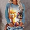 Funny Cat 3D Digital Printed Women's Harajuku Style Casual Round Neck Long Sleeved T-shirt