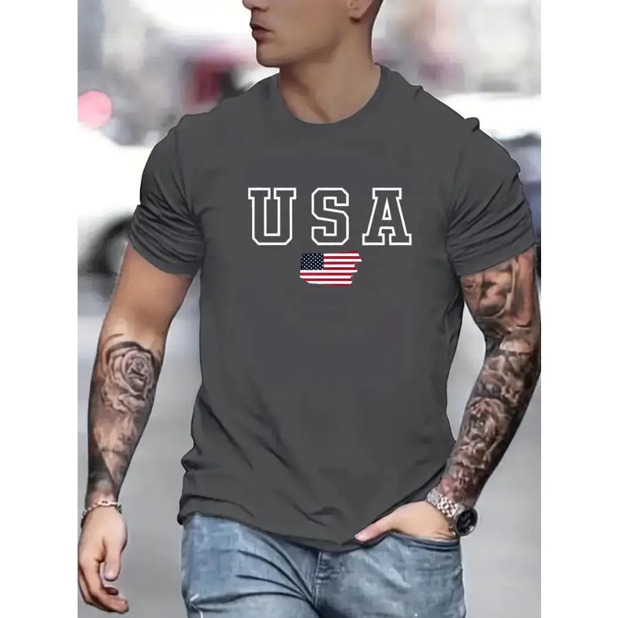 USA Print Short Sleeve T-Shirt For Male, Comfy Elastic Crew Neck Top, Men's Clothing For Summer Daily Wear & Workout