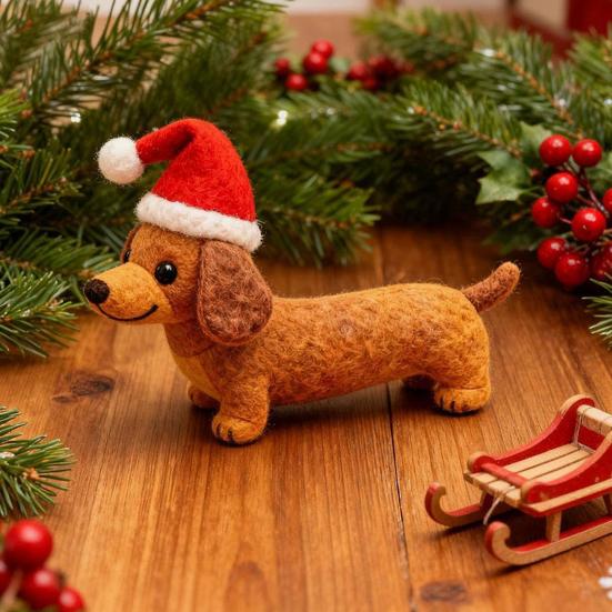1/2Pcs Christmas Felt Dachshund Figurine Handcrafted Santa Hat Dog Ornament Simulation Puppy Statue Animal Sculpture Home Office Desktop Decoration