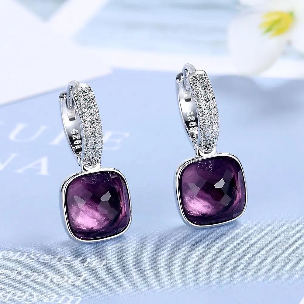 Luxury Female Earrings 925 Sterling SIlver Geometric Square Zircon Crystal Earrings for Women Double Row Zircon Jewelry Gifts