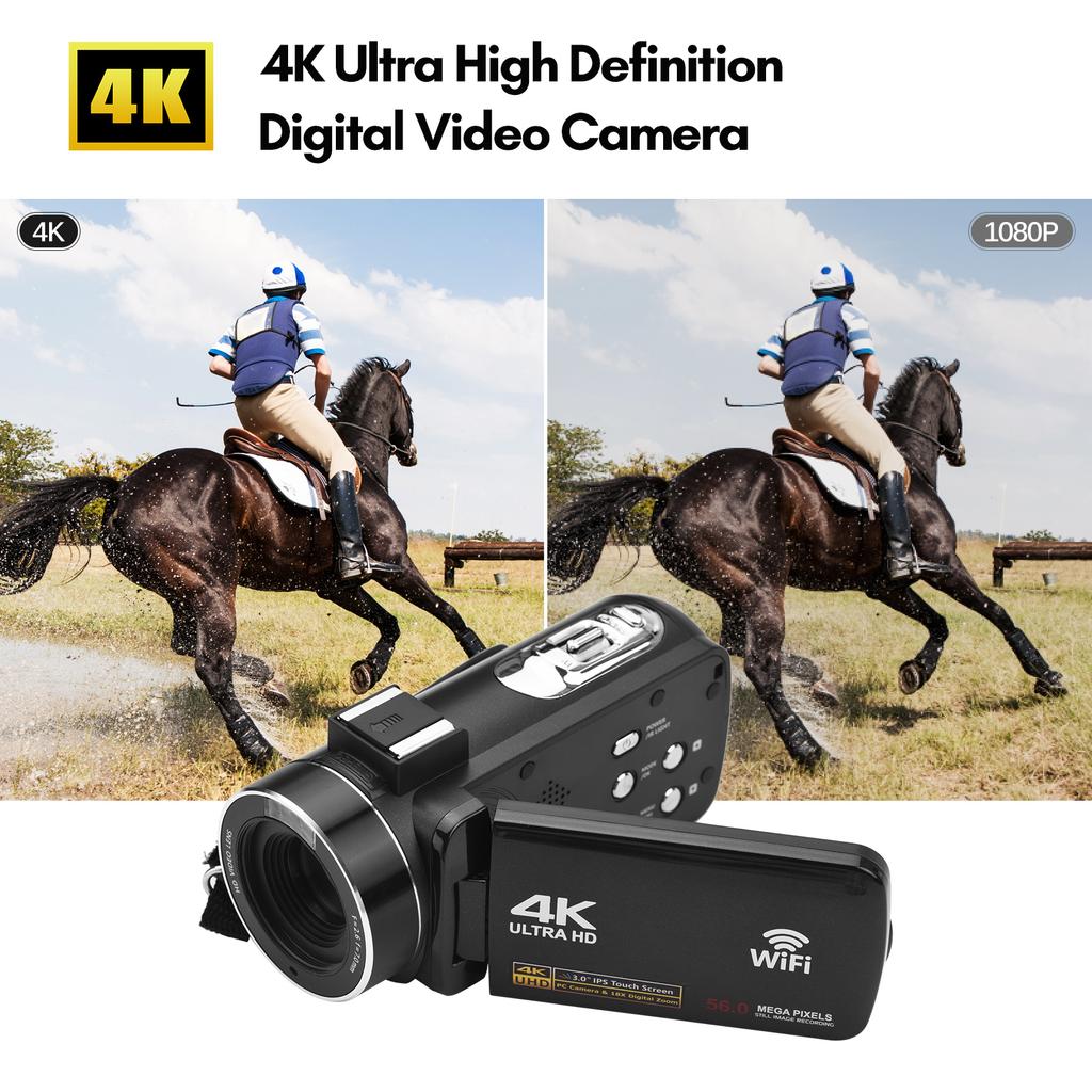 4K Digital Video Camera WiFi Camcorder DV Recorder 56MP 18X Digital Zoom 3.0 Inch IPS Touchscreen