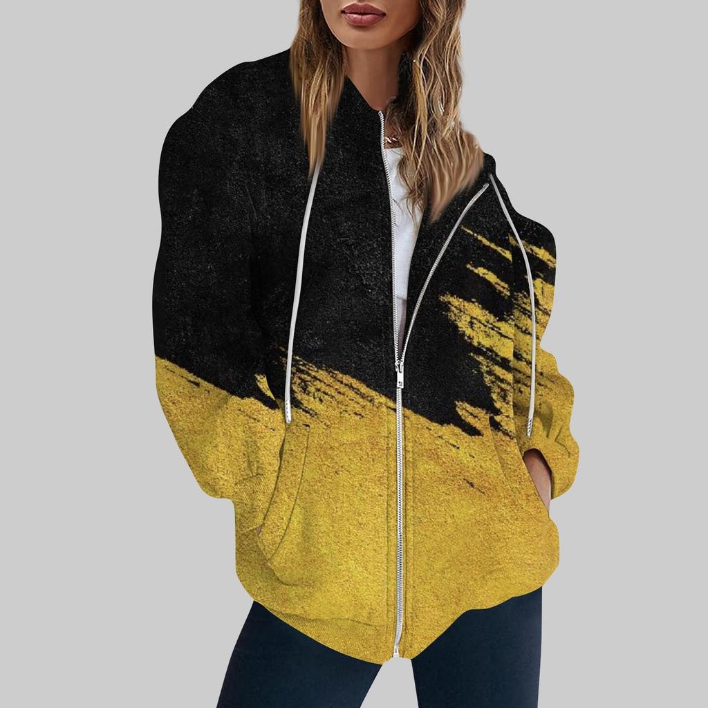 Women's Fashion Casual Printed Sweatshirt Long Sleeve With Pocket Cardigan Jacket Zipper Hoodie Coat