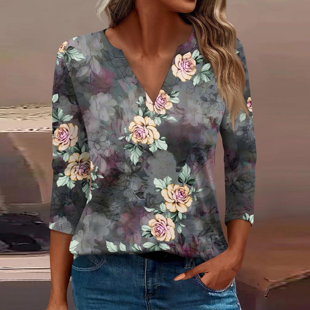 Women's T Shirt Tee Print Button  3/4 Sleeve Daily Weekend Fashion Basic V- Neck Regular Top