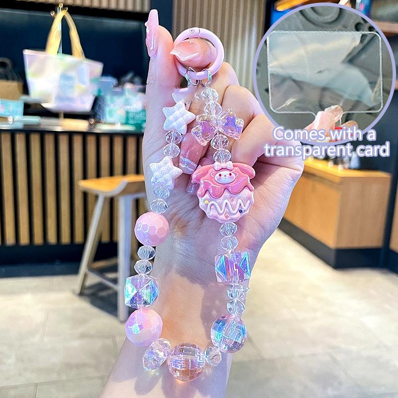 Милая телефонная цепочка Sanrio Hello Kitty с картой Kuromi Cinnamoroll My Melody, брелок с бусинами, бантик, ремешок на запястье против потери, украшение для сумки