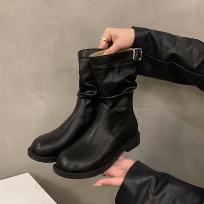 Осенние Новые Женские Рыцарские Сапоги До Середины Икры Модный Тренд Пряжка Толстая Подошва Короткие Сапоги Нескользящие Удобные Женские Кожаные Туфли