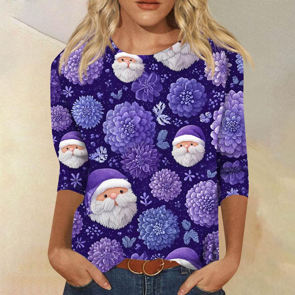 Women's Fashion Casual Round Neck 3/4 Sleeve Loose Printed T-Shirt Ladies Top