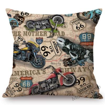 Classic Us Route 66 Vintage Motorcycle Poster Art Home Decorative Pillow Cover Retro American Style Cotton Linen Cushion Covers